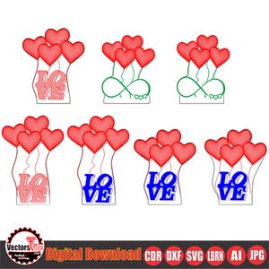 May include: Digital download graphic with red heart balloons. Some designs include the word "LOVE" in red or blue, others feature an infinity symbol. Ideal for Valentine's Day or romantic projects. Includes CDR, DXF, SVG, LBRN, AI, and JPG formats.