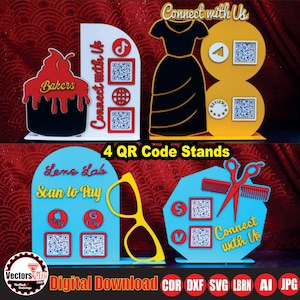 May include: Four decorative QR code stands in various shapes. One stand features a cupcake design with the text "Bakers." Another has a dress silhouette. The third stand has a pair of yellow glasses, and the fourth has scissors. Each stand includes QR codes and the text "Connect with Us."