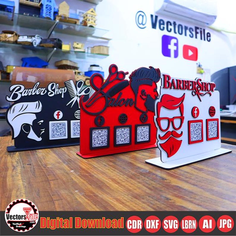 Laser Cut Barber Shop & Salon QR Code Stand SVG, Scan to Pay Display ...