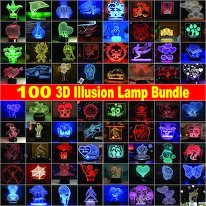 Könnte beinhalten: Eine Sammlung von 100 3D-Illusionslampen mit verschiedenen Motiven wie Tieren, Herzen, Sportfiguren, Zeichentrickfiguren und Fahrzeugen. Jede Lampe besteht aus einer flachen Acrylplatte, die von einem Sockel beleuchtet wird und leuchtende Farben zeigt.
