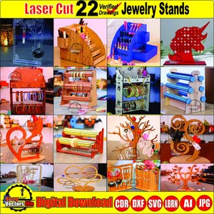 Könnte beinhalten: Eine Collage von lasergeschnittenen Schmuckständern in verschiedenen Designs. Die Ständer sind aus Holz und Acryl gefertigt und zeigen verschiedene Stile für die Präsentation von Ohrringen, Armbändern und Halsketten. Das Bild enthält den Text "Laser Cut 22 Jewelry Stands."