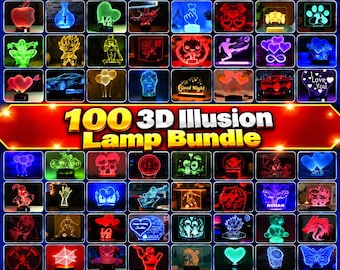May include: A collection of 100 3D illusion lamps featuring various glowing designs including hearts, animals, sports figures, and characters, all displayed in a grid with the text 100 3D Illusion Lamp Bundle in the center.