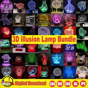 May include: A collection of 3D illusion lamps in various designs, including a heart, mushroom, and a motorcycle. The lamps are illuminated with different colors and the text "3D illusion Lamp Bundle" is displayed.