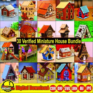 May include: A collection of 30 miniature wooden houses in various designs. The houses are in different colors and styles, including a windmill house and a house with a playground. The text "30 Verified Miniature House Bundle" is visible.