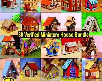 Laser geschnittenes Miniatur kleines Haus Bundle SVG | Hölzerne Mini 3D-Puppenhaus Modelle Kit