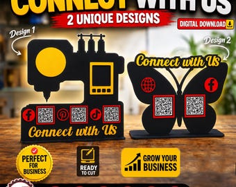 Personalisierte Business Laser Cut QR-Code-Stand, Schmetterling & Nähmaschine Social Media Display Schild