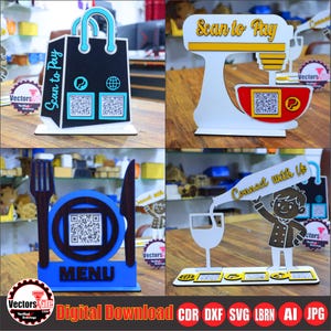 Puede incluir: Una colección de letreros de madera cortados con láser con códigos QR y texto. Los diseños incluyen una bolsa de compras, una batidora, un plato con cubiertos y un chef sirviendo vino. Los letreros son de varios colores, incluyendo negro, azul y blanco.