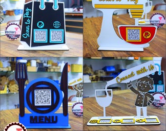 Paquete de soportes para códigos QR cortados con láser, escanea para pagar, letrero de exhibición "Conéctate con nosotros"
