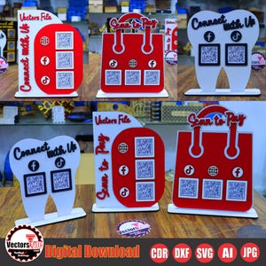 Puede incluir: Una colección de expositores cortados con láser en rojo y blanco con códigos QR, iconos de redes sociales y las frases "Conéctate con nosotros" y "Escanear para pagar". Los expositores tienen varias formas, incluyendo un diente y una bolsa.