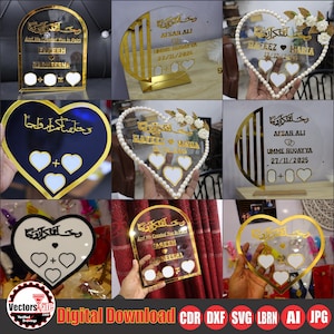 Könnte beinhalten: Eine Sammlung klarer Acrylplatten mit goldenen Akzenten, ideal für Hochzeiten oder Jubiläen. Jede Platte zeigt arabische Kalligraphie, Namen, Daten und herzförmige Ausschnitte. Einige sind herzförmig, andere gewölbt.