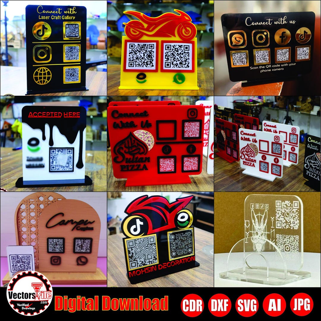 Laser Cut QR Code Display Stand, Customisable QR Scan to Pay Sign SVG ...