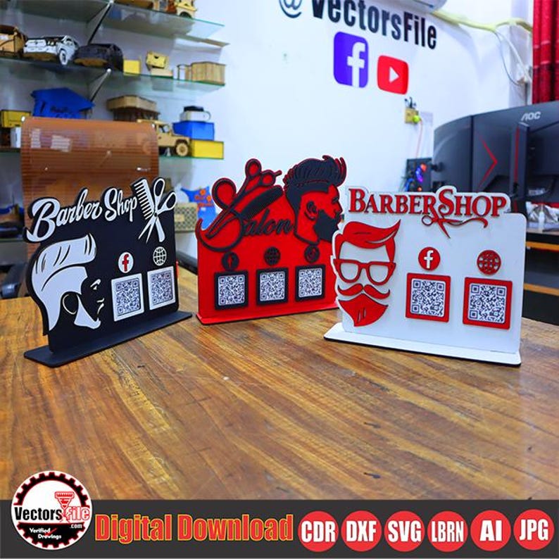 Laser Cut Barber Shop & Salon QR Code Stand SVG, Scan to Pay Display ...