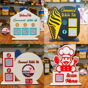Laser geschnittener QR-Code Zahlung und Social Media Business Sign Display Stand SVG Bundle