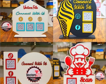 Laser geschnittener QR-Code Zahlung und Social Media Business Sign Display Stand SVG Bundle