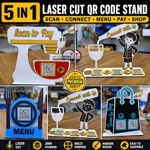 May include: A collection of five laser-cut plywood QR code stands featuring various designs including a stand mixer, a person pouring wine, a fork and knife menu holder, and a shopping bag. Each stand displays QR codes for digital interaction.
