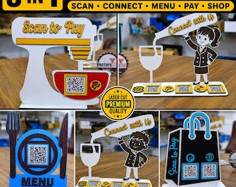 Laser Cut QR Code Stand Bundle, Scan to Pay, Connect with Us Display Sign
