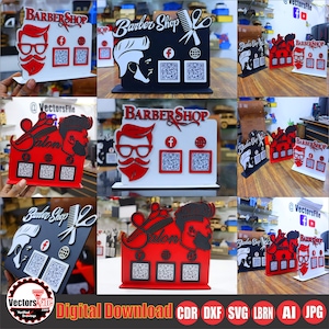 Pode incluir: Uma coleção de letreiros de barbearia em várias cores, incluindo vermelho, preto e branco. Cada letreiro apresenta um logotipo de barbearia, códigos QR e o texto "Barber Shop" ou "Salon". Os letreiros são para download digital.