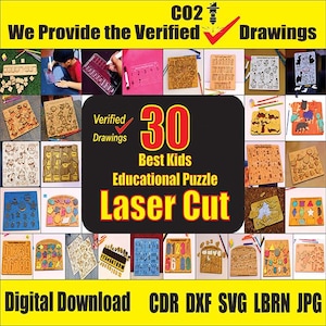 Puede incluir: Un collage de rompecabezas de madera cortados con láser para niños. La imagen incluye varios rompecabezas con diseños de animales, números y formas. El texto en la imagen dice "30 Best Kids Educational Puzzle Laser Cut" y "Digital Download CDR DXF SVG LBRN JPG".