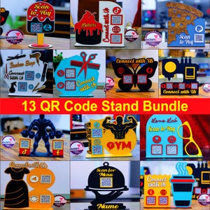May include: A collection of thirteen colorful acrylic QR code stands featuring various designs including a popsicle, cake, pizza slice, butterfly, sewing machine, gym figures, glasses, dress, and coffee cup, all with social media and payment icons.
