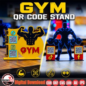 May include: Two gym QR code stands featuring silhouettes of muscular figures. The left stand is yellow with a bodybuilder, TikTok and Instagram icons, and QR codes. The right stand is black with a figure holding dumbbells and TikTok and Facebook icons.