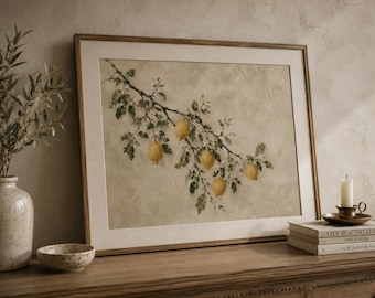 Citron botanisk väggkonsttryck, vintage citrus köksinredning, medelhavscitronmålning, blommig stilleben, utskrivbar digital nedladdning
