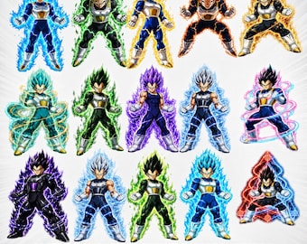 Pacchetto di 20 immagini SVG e PNG di Dragon Ball Z, clipart anime di Vegeta, file DTF per sublimazione Cricut, sfondo trasparente