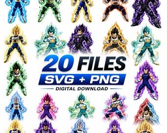 20 Dragon Ball Z SVG PNG Bundle, Vegeta  Anime Clipart,  Cricut Sublimation DTF Files, Transparent Background