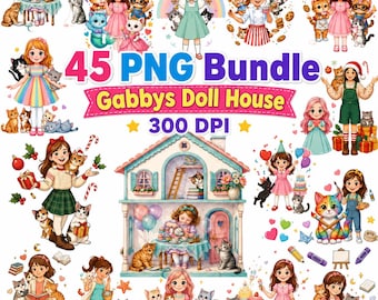 45 Gabbys dockhus PNG-paket, Gabby Clipart, Pandy Paws PNG, födelsedagsfestdekor, tårtdekoration, sublimeringsdesignfiler