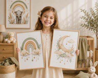 Salviagrön Boho Väggkonst Barnrum Set med 3, Elefant Regnbåge Måne Tryck | Neutral Babyrumsdekor | Utskrivbar Barnrumsaffisch Digital Nedladdning