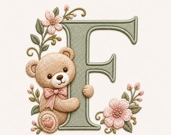 Custom Bear Monogram, Embroidery File, Floral Initial, Machine Embroidery, Baby Girl Nursery, Personalized Download