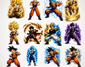 Pacchetto di file PNG, SVG e DTF per sublimazione di Dragon Ball Z / Clipart anime Personaggio Super Saiyan / Goku Vegeta Gohan / Download digitale trasparente