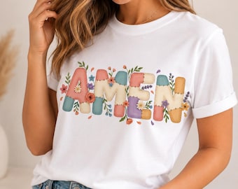 Amen Floral PNG, Christian Sublimation Design, Pastel Patchwork Flower Shirt, Vintage Faith T-Shirt Graphic