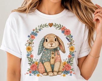 Floral Patchwork Bunny PNG, Retro Cottagecore Gingham Easter Sublimation DTF Design, Digital Download