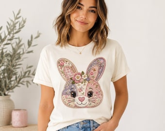 Floral Patchwork Bunny PNG, Retro Cottagecore Gingham Easter Sublimation DTF Design, Digital Download