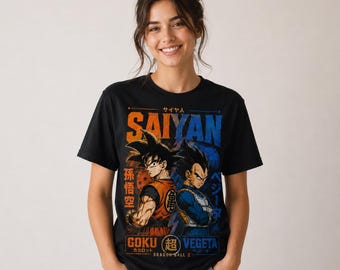 Goku Vegeta Saiyan vintage PNG, design per maglietta anime Dragon Ball Z, grafica retrò manga per sublimazione vDTF, download digitale immediato