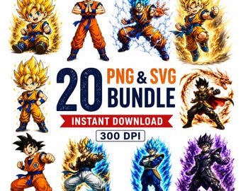 Dragon Ball Z PNG SVG | Sublimation DTF Bundle | Anime Clipart Super Saiyan | Goku Vegeta Gohan | Transparent Commercial Use