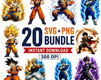 Dragon Ball Z PNG SVG  Sublimation DTF Bundle | Anime Clipart Super Saiyan Character | Goku Vegeta Gohan | Transparent Digital  Download