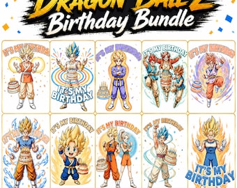 Pakiet 10 urodzin Dragon Ball Z w formacie PNG | Cyfrowe pobieranie klipartów urodzinowych z anime | Projekty imprez Super Saiyan | Pliki DTF PNG do sublimacji