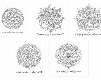 Achtsamkeit Ausmalseiten für Erwachsene/Mandalas & Affirmationen/Druckbare PDF/Stressabbau und Entspannung