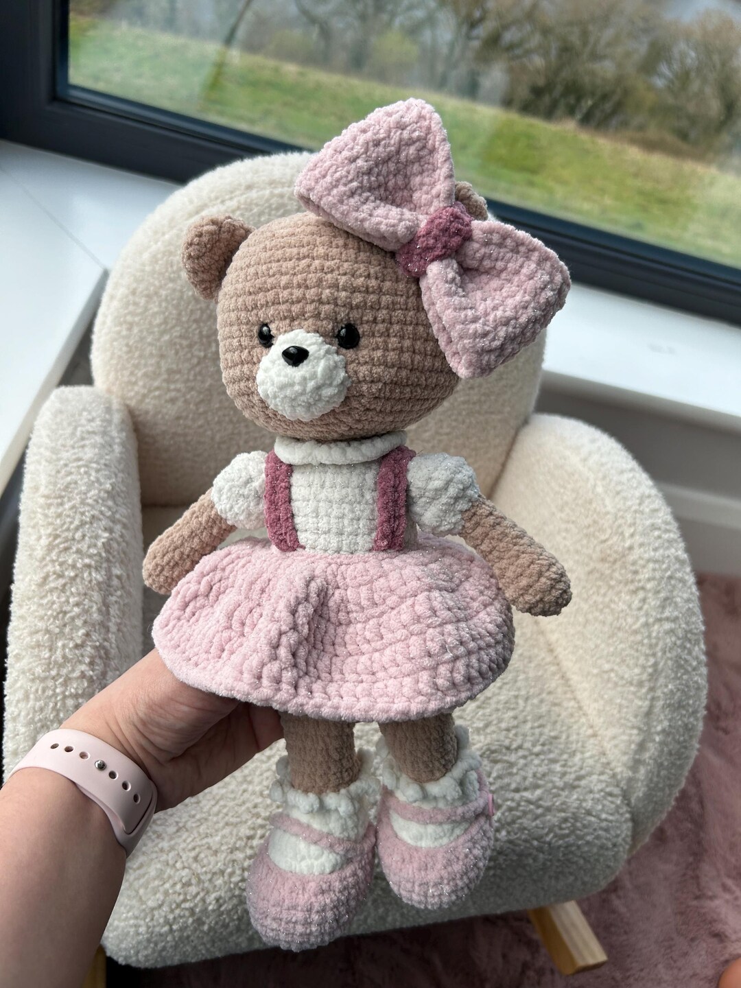 Handmade Crochet Teddy Bear With Pink Dress and Bow – Stuffed Animal ...