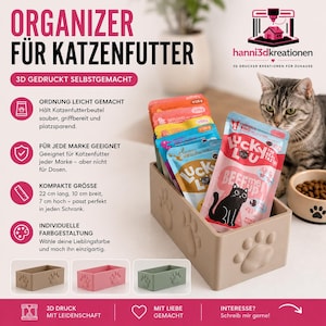Könnte beinhalten: Ein rechteckiger, beigefarbener 3D-gedruckter Kunststoff-Organizer mit geprägten Pfotenabdrücken an der Seite, der mehrere Katzenfutterbeutel enthält. Der Organizer misst 22 cm Länge, 10 cm Breite und 7 cm Höhe. Text: ORGANIZER FÜR KATZENFUTTER.