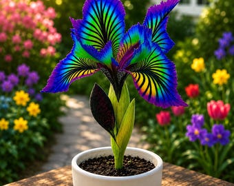 Pode incluir: Uma flor de íris em vaso com pétalas vibrantes e multicoloridas, apresentando um gradiente de listras azul-escuras, roxas e verde-brilhantes. A planta tem um caule central escuro e folhas verde-claras, num vaso branco fosco.