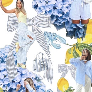 May include: A collage featuring fashion items and illustrations. Includes a striped tote bag, blue hydrangea flowers, lemons, and a blue lobster illustration. Women's clothing includes a yellow top, blue shorts, and a blue button-down shirt.
