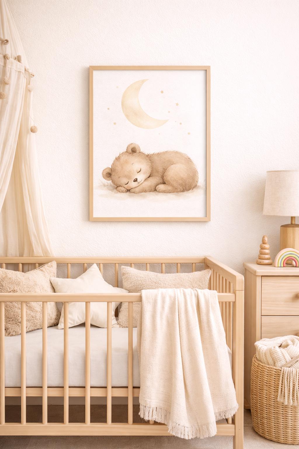 Sleeping Bear Nursery Wall Art Printable, Neutral Baby Room Decor, Moon ...