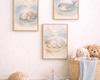 Ocean Nursery Wall Art Set of 3 | Sleeping Sea Animals Prints | Whale ...