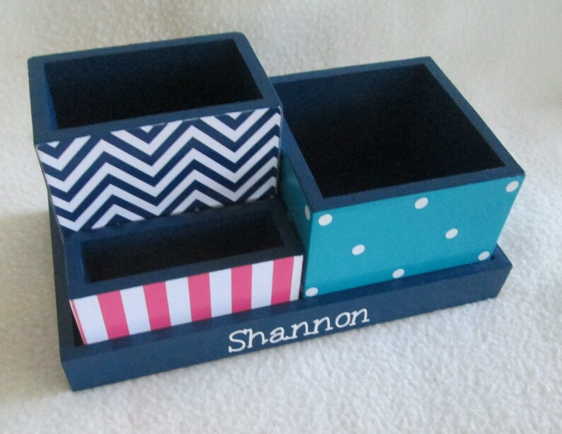 Office Or Home Organizer Desk Set Chevron Polka Dot Stripes Navy Turquoise Pink Gift Personalized
