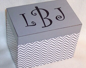 Recipe Box, Gray Chevron Wooden Recipe Box - 4X6 - 5X7 - Keepsake Box - Personalized -Shower Gift