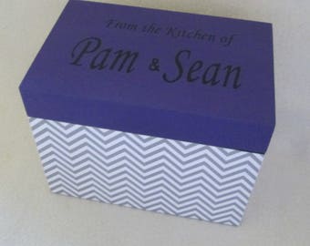Recipe Box, Gray and Purple Chevron Wooden Recipe Box, Keepsake Box, Personalized Recipe Box, Gift