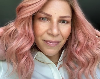 Peluca de cabello humano sin pegamento ruborizado / Rosa ruborizado con raíces rubias medias / Encaje HD