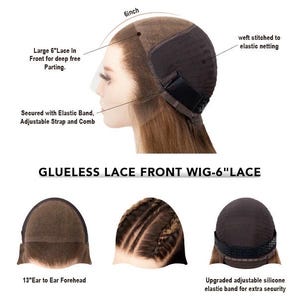 May include: A glueless lace front wig featuring a 6-inch lace area for deep parting, weft stitched to elastic netting, and secured with an adjustable strap, comb, and silicone elastic band. The wig measures 13 inches from ear to ear across the forehead.